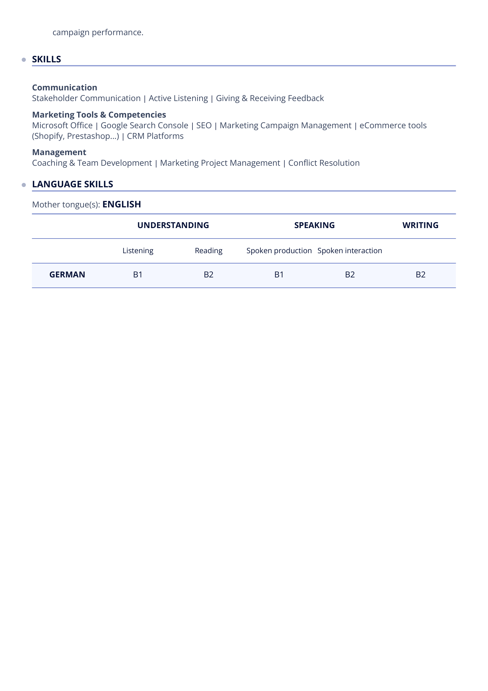 Page two of an example of a Europass CV for a marketing manager.
