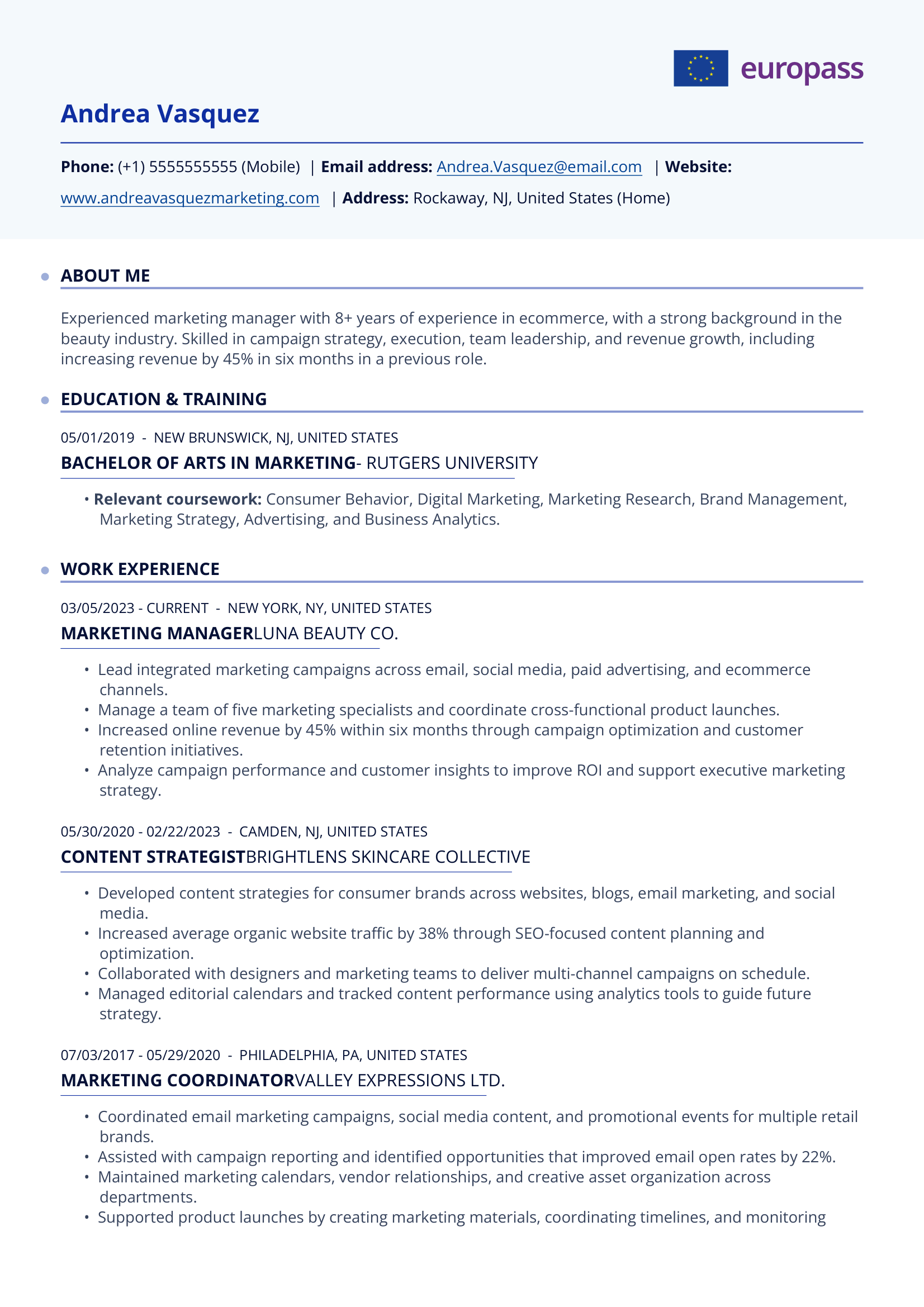 Page one of an example of a Europass CV for a marketing manager.